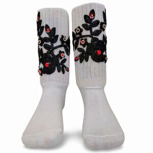 Enchanting Black Floral Lace Applique Adorned Crisp White Slouch Socks TT1517